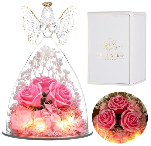 Eaprala DREI Konservierte Rosen Geschenk in Glas Engelsfiguren, Geburtstagsgeschenke für Frauen, Engel Geschenke für Sie auf Jahrestag,Weihnachten,Valentinstag.Rosa