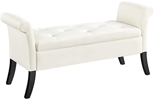 Yaheetech Sitzbank mit Stauraum, Aufbewahrungsbox, Sitzhocker faltbar, Sitztruhe mit Armlehnen, max. Belastbarkeit 300 kg, Bezug aus Stoff, Sitzhöhe 46 cm, Reinweiß