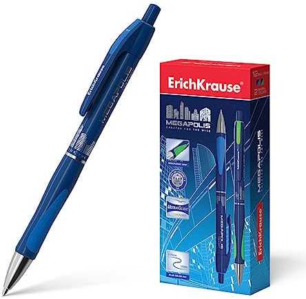 Erich Krause Kugelschreiber MEGAPOLIS Motiv einziehbar 0.7 Gummi Grip Tinte Blau 12er Pack - Druckkugelschreiber Feinstrich - Ultra Glide Feder Kuli - Bürobedarf Schreibstift Schreibtischzubehör
