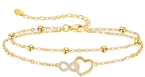 Jbniuay Fußkettchen für Damen S925 Sterling Silber - fußkettchen gold - gold Infinity Herz Fußkette - Damen Fußkettchen - Fußkette damen Verstellbare 23+5cm - Geschenke für Frauen/damen/mama/mutter