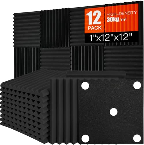 Saiqiang Acoustic Foam Panels Sound Absorbing 12 Pack - 1 X 12X 12 Sound Proof Panels Noise Reducing for Walls, High Density Sound Deadening Panels Black Wedge for Studio Recording & Office & Home