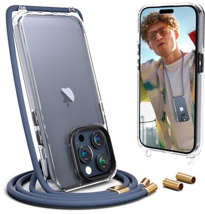 UYMO Handykette Hülle mit Band Für iPhone 15 Pro 6.1 -Necklace Transparent Handyhülle Case mit Strap Schnur Abnehmbar, Schutzhülle zum Umhängen Kordel, Blau
