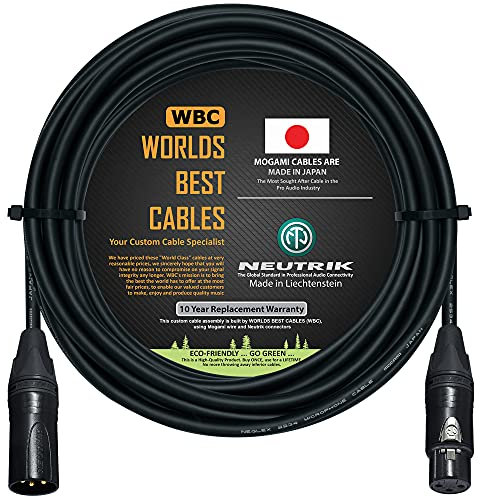 WORLDS BEST CABLES 10 Meter – Quad Balanced Microphone Cable CUSTOM MADE using Mogami 2534 wire and Neutrik NC3MXX-B Male & NC3FXX-B Female XLR Plugs.