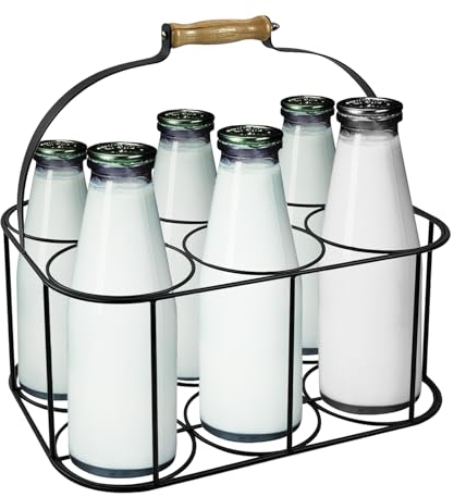 Crystals 6 x Milk Bottle Holder Doorstep, Milk Crate Caddy Holder, Bottle Holders for Wine, Beer with Wood Handle, Sturdy Metal Holder – Black