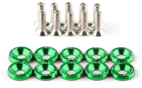 Wambere 10 Stück Universal M6 x 20mm Schraubenscheiben Auto Schrauben Aluminium Stoßfänger Unterlegscheibe Unterlegscheibe,KotflüGel Unterlegscheibe Schraube,Autozubehör Motorraum Dress Up,Grün