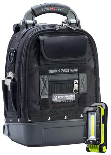 Pro Pac Tech Pac MC Blackout Backpack 18L Tool Bag with 500 Lumen Inspection Light | 18 Litre | Professional Tradesman Heavy Duty Toolbag | Unilite & Veto | Black Waterproof