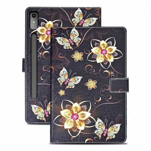 Rostsant Custodia Lenovo Tab P12 12.7 Pollici 2023 Cover Libro Lenovo Tab P12 PU Stand Funzione Slot per Carte Libro Cover Tablet Protettiva per Lenovo Tab P12 12.7 Pollici 2023 Farfalla Dorata