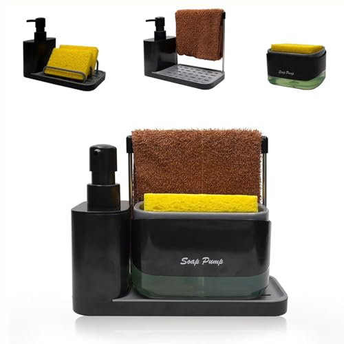 GINZER Dish Soap Dispenser Kitchen Set,4-in-1 Kitchen Cleaning Tool Organizer, Dish And Hand Soap Dispenser for Kitchen Equipped with Sponge and Dishcloth Holder, Kitchen Sponge Holder-Black
