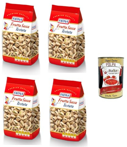 Italian Gourmet Pistacchi tostati geröstete Pistazien 4 x 200g | Snack salato, croccante Genuss für Aperitif, Party, Büro und mediterrane, Gesamtnettogewicht 800 g + Kostenlos Polpa 400g