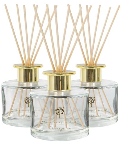 Nicola Spring Lemongrass Scented Reed Diffusers - 200ml - Pack of 3 - Aromatherapy 6 Sticks Air Freshener Home Fragrance Diffuser Fragrant Gift Set for Kitchen, Bathroom, Home