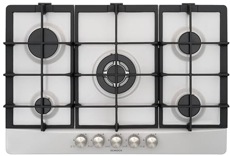 SCHOCK | Piano Cottura 5 Fuochi Gas Primus PC75 con Manopole Milleluci, Griglie in Ghisa, Valvole di Sicurezza, New Alumina, 740x500 mm