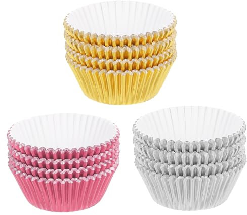 sourcing map 1 Set Foil Cupcake Liners, Muffins Metallic Baking Cups Wrappers Standard Greaseproof for Baking Cupcake Wrapper, Gold, Silver, Rose Gold