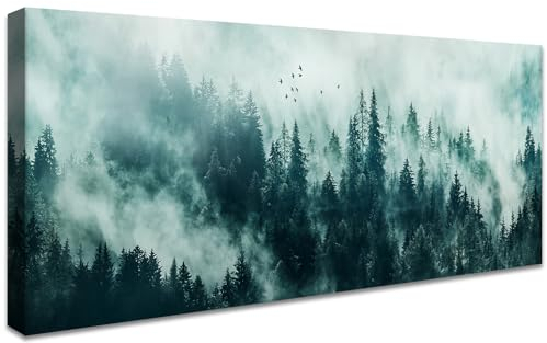 Mit Rahmen Leinwand Bilder Nebliger Wald Bild auf Leinwandbilder Poster Nebliger Wald Bäume Landschaft Bild Natur Kiefer Waldland Wandbilder Heim Wohnzimmer Schlafzimmer Wanddekoration 50x120cm