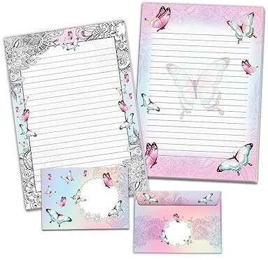Briefpapier-Set mit 2 Schreibblöcken und 25 Umschlägen für Mädchen Kinder Schmetterlinge Blumen (1 Block bunt und 1 Block zum Ausmalen A4 mit je 25 Blättern + 25 passend bedruckte Briefumschläge)
