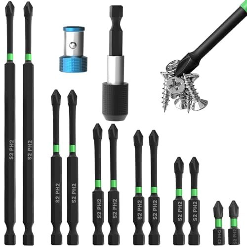 14 Pack Screwdriver Bit Set, 1/4'' Hex Shank CNC Non-Slip Screwdriver Bits #2 Impact Magnetic Screwdriver Bits w/Quick-Change Bit Holders & Magnetic Rings Bit - 25-150mm Screwdriv