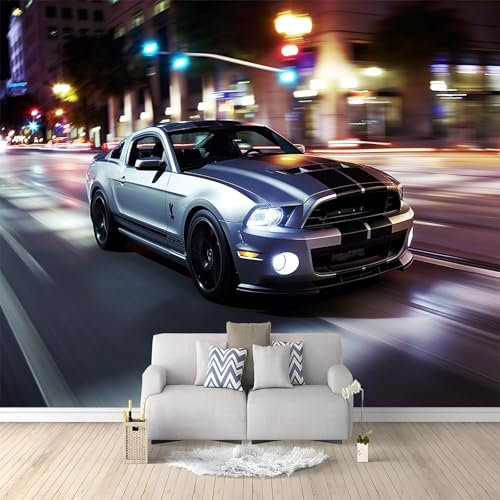 Papier Peint Mural 3D Ville Voiture De Sport Argent 300x210 cm Papier Peint Panoramique Poster Tapisserie Photo, Papier Peint intissé pour Chambre Salon Personnalisé Murale Décoration