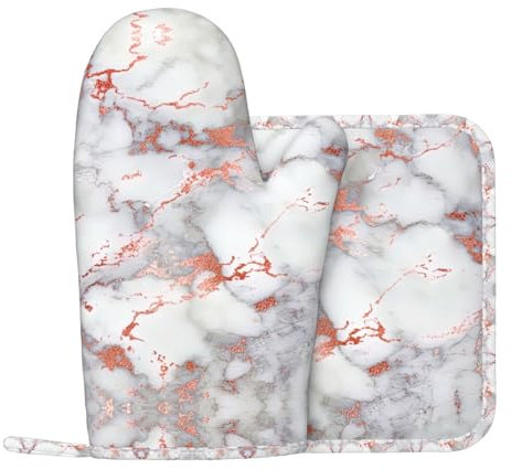 Gants de cuisine en silicone texturé antidérapant en marbre blanc or rose - Un gant gauche et un manique anti-brûlure