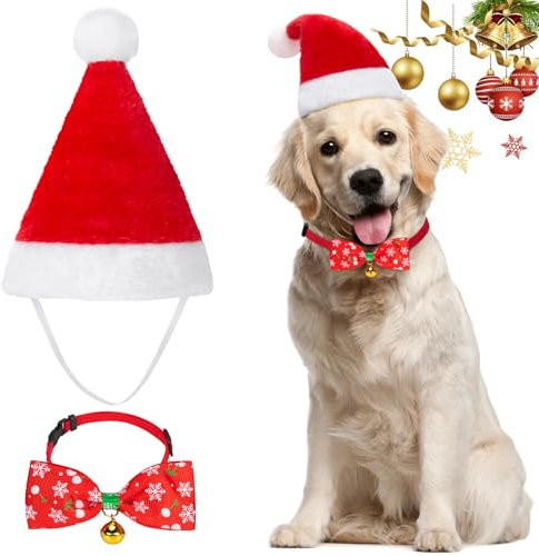 MELLIEX 2 Stück Weihnachten Hundekostüm, Hunde Katzen Weihnachtsmützen und Schneeflocken-Fliege Weihnachtskostüm Zubehör Set für Haustier