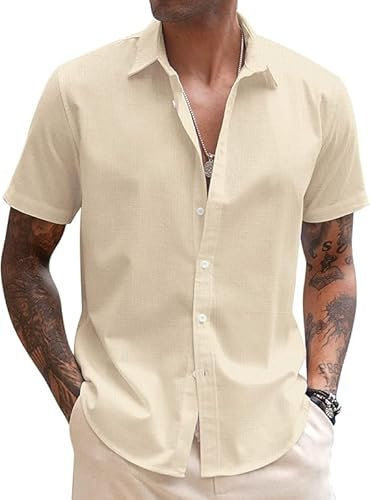 COOFANDY Summer Shirts for Men Short Sleeve Linen Shirts Button Down Casual Holiday Shirt Beach Tops Light Khaki XXL