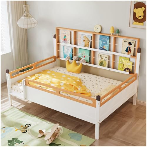 Racxily Cama para niños con librería, Cama Montessori de 140 x 200 cm con Escalera Lateral, Cama de día con protección anticaída, Blanco + Natural, sin colchón