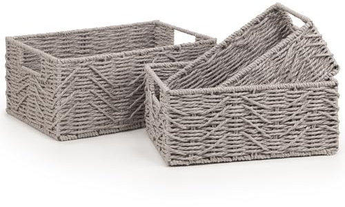 Woodluv Woven Wicker Storage Baskets, Paper Rope Storage Boxes, Drawer Closet Shelf Dresser Basket, Storage Baskets for Shelves, Set of 3, Grey