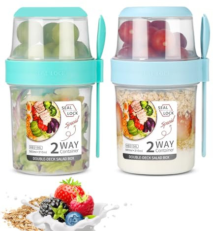 SinLaw Portátil Taza de Cereales 310+560 ml, Diseño de doble sello,2 en 1 Vasos yogurtera,Puede ser reutilizado,Vaso Cereales para Llevar (Green+Blue(310ml+560ml)