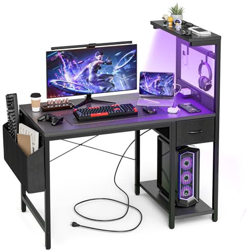 Grandder Scrivania da gioco da 119 cm con presa di corrente e luce a LED, scrivania per computer con ripiani reversibili e cassetto portaoggetti, piccola scrivania per casa e ufficio, tavolo con