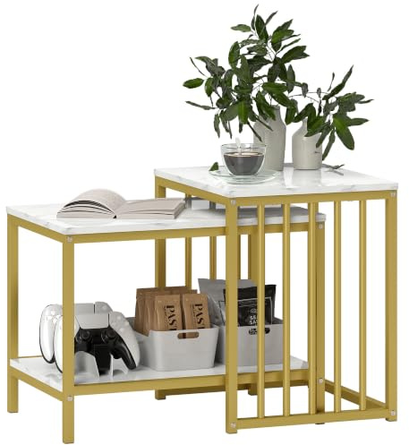 HOMCOM Modern Coffee Table Set of Two Marble-Effect Steel Frame Gold Tone | Nesting Side Tables, for Living Room