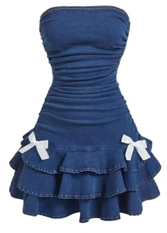 WDIRARA Women's Strapless Denim Mini Dress Bandeau Layered Ruffle A Line Bow Dresses