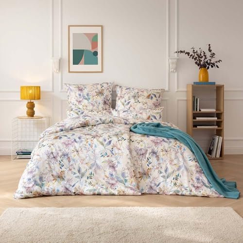 ESTELLA Mako-Satin Bettwäsche 155x220 Estera Blüten Lilien beige rosa 7960-985