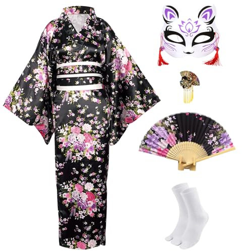 CRFASIBE 5 Pièces Kimono Robe Longue pour Femme, Kimono Japonais Peignoir Imprimé Sakura, Japonaise Cosplay Yukata Set de Costume avec Accessoires(Noir)
