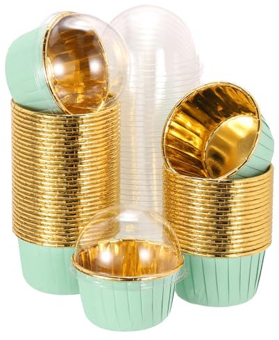 sourcing map 50 forros de papel de aluminio de una sola cara con tapas, magdalenas a prueba de grasa para hornear magdalenas para decoración de bodas, fiestas de cumpleaños, color verde (redondo)