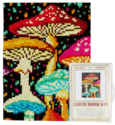 ORIGACH Knüpfteppich zum Selber Knüpfen Set, Pilz, 52×38cm | Selbst Knüpfen Set für Erwachsene Und Anfänger mit Vorbedruckt Leinwand Und Werkzeug, kreatives Basteln & Heimdekoration