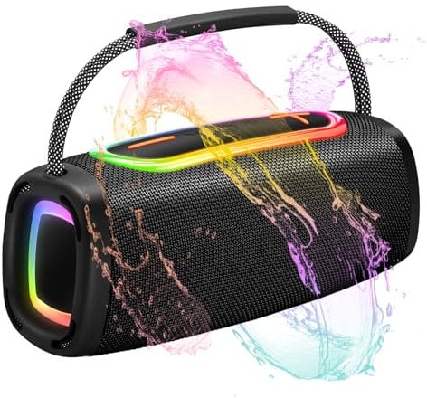 Tragbarer Bluetooth Lautsprecher mit Griff, 66MM Sprecherdurchmesser, BT5.3/24W/IP-X6 Wasserdicht Drahtloser Stereo-Kopplungslautsprecher mit RGB Multi-Color-Rhythmus-Lichter für Zuhause/Outdoor/Party