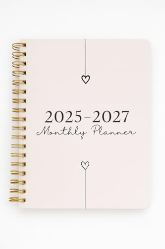Monatsplaner 2025-2027 – 3-Jahres-Kalender-Organizer mit minimalistischem Design, Hardcover, monatliche Registerkarten, Notizen, langfristige Zielsetzung, beigefarbener Einband mit Goldspule