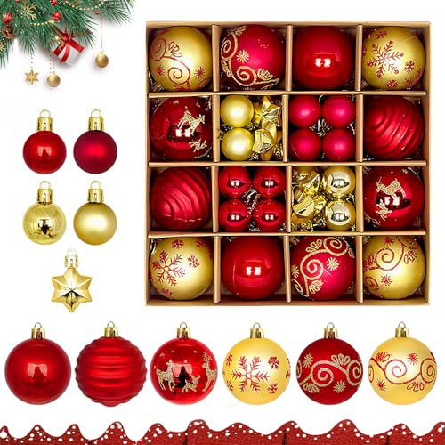 Weihnachtskugeln, 44 Stück Weihnachtsdeko mit Aufhänger, Christbaumkugeln Bruchsicher In Rot und Gold, Weihnachtskugeln Kunststoff Set Für Baum, Fenster, Garten, Party, Aussen und Innen