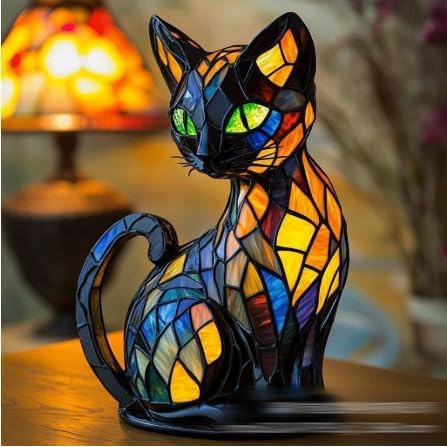 Katzenlampe, Nachtlicht Katze und Hund, Vintage-Katzenlampe aus Buntglas | Retro Cat and Dog Stained Resin Table Lamp,Wohndekor füt Schlafzimmerbeleuchtung für Katzen- und Hundeliebhaber(Warmem Licht)