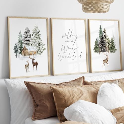 Xiyocadt 3 Stück Moderne Poster Set,Weihnachten Poster,Winter Schnee Bilder,Weihnachtsbaum Wanddeko für Wandbilder Wohnzimmer Schlafzimmer Küche Esszimmer und Badezimmer,Ohne Rahmen (40x60cm,F)