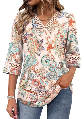 WIHOLL Womens 3/4 Sleeve Tops Ladies Blouses UK Eyelet Lace V Neck T Shirts Office Wear Spring Outfits Boho Size 22-24
