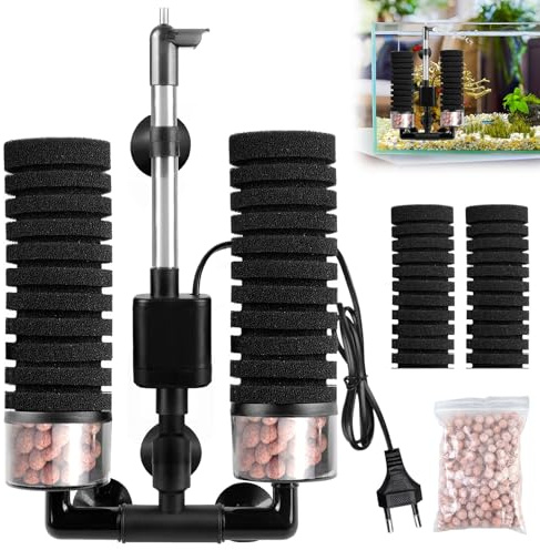 PORFOYO Aquarium Schwammfilter Mit 2 Ersatzwatte, Leise Schaumfilte, Aquariumfilter Mit Filterkugel, Elektrischer Aquarium Filter, Leiser Tauchschaum Doppelschwammfilter für Aquarien über 60cm