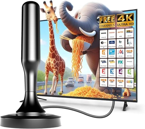 Antenne TV Interieur, Antenne TV Intérieur Puissante TNT HD 2025,Portable antennes TNT, 4K 1080P avec de Signal Captez Tous Les canaux locaux et sans abonnement, Base Magnétique, Câble de 2,5m