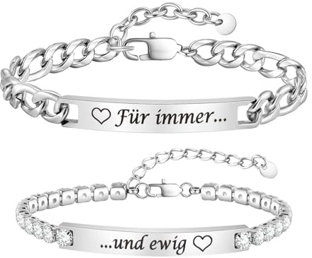 Freundschaftsarmbänder Zirkonia Partner Armbänder mit Gravur - 2 Stück Edelstahl Armband Freundschaftsarmband Armkette für Damen Herren, Verstellbar Pärchen Armband Geschenk für Liebhaber Couple