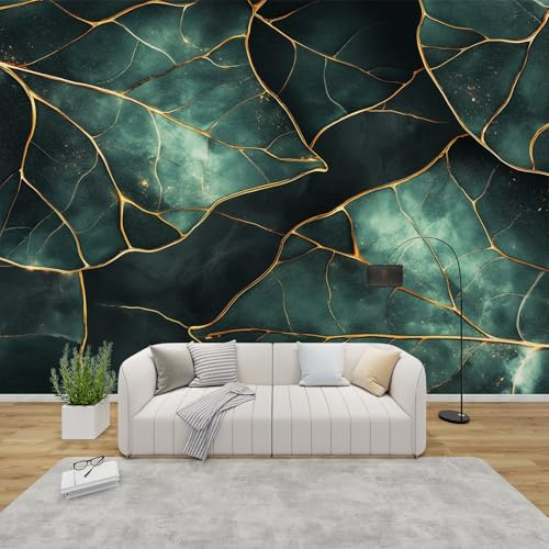 AevuCub Leaf Pattern Wallpaper for Living Room, 450x315 cm | Abstract Green Leaves Wall Murals for Bedrooms, Modern Leaf Print Wall Art, Non-woven Photo Wallpaper 3D Effect