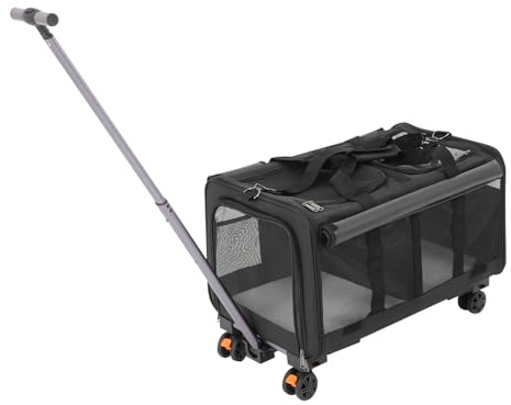 Transportbox mit Rollen für Hunde & Katze, Faltbare Katzentransportbox, Hundetransportbox mit atmungsaktive Netzfenster, Zwei-Kammer Transporttasche für Haustiere (Schwarz)
