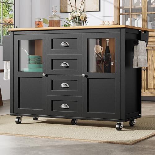 Kücheninsel mit Klappbarer Tischplatte 138x73cm | Küchenwagen auf Rollen mit 4 Schubladen & Glasvitrine | Servierwagen mit Gewürzregal & Handtuchhalter | Buffetschrank 60kg Tragkraft Weiß/Schwarz