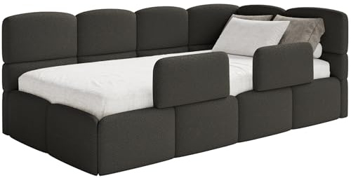 Selsey Jugendbett 120x200cm Braun Bouclé Stoff mit Matratze und Lattenrost, Polsterbett mit Stauraum und Bettkasten, Kinderbett mit 2 Schutzbarrieren, Jugendbett rechtsseitig