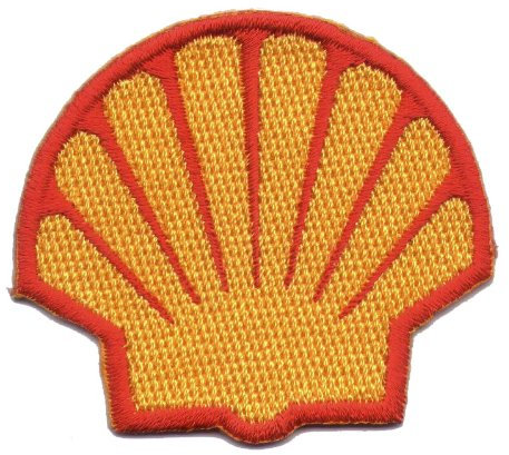 SHELL Sponsoren Aufnähers / Iron on Patch 'SHELL' (1 Stück, Medium (5.5 x 5.5 cm), orange und weiss, Strassstein, Eisen-auf-Bügel-Patch)