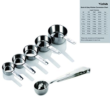 Yizish Edelstahl Messbecher und Scoop mit Clip, Küchenumrechnungstabelle 7er Set für Trockene und Flüssige Zutaten