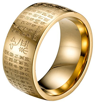 HIJONES Herren Buddhistischen Mantra Herz Sutra 10mm Breite Edelstahl Vergoldet Ring, Siegelschrift Chinesischen Stil Größe 57