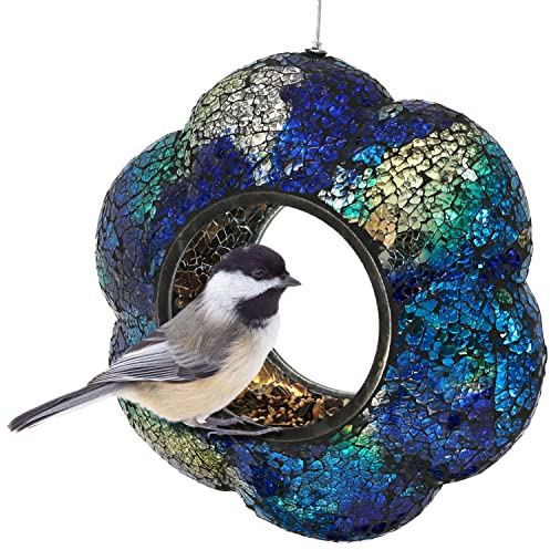 Sunnydaze Indigo Blume 22,9 cm Runder Vogelfutterspender mit Großem Durchflugloch - Vogelhaus zum Aufhängen mit Design aus Gesprungenem Glas